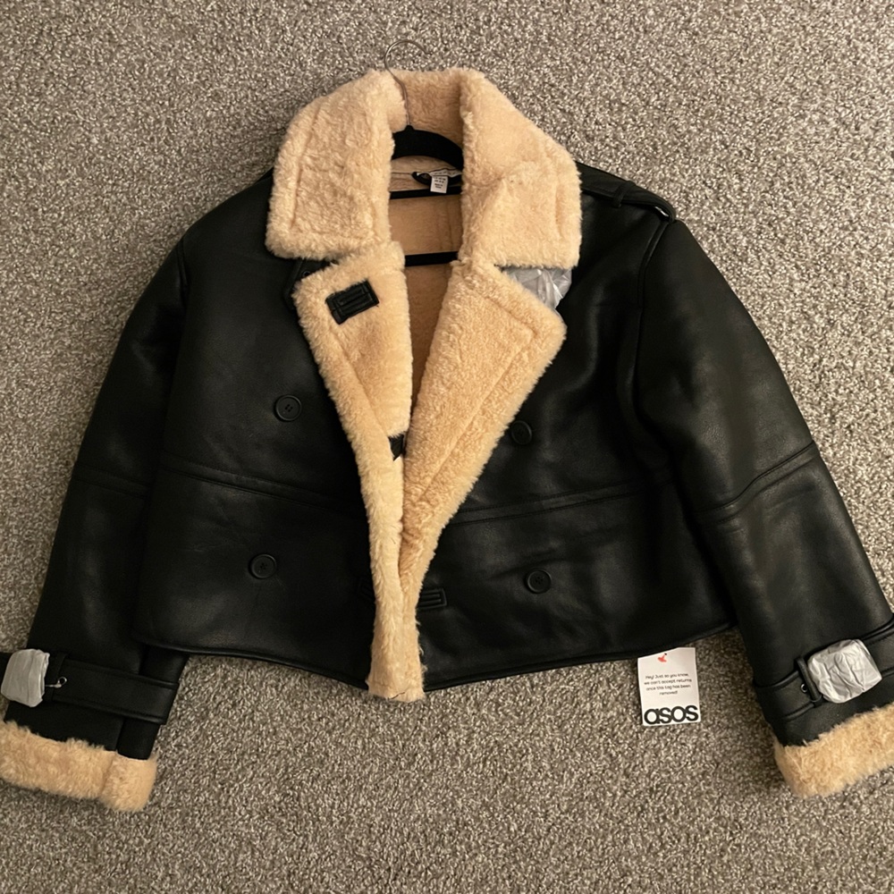Topshop Cropped Leather Sherpa Lined Jacket